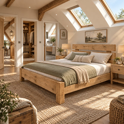 Orvix Light Oak Colour Bed Frame 30cm High  / Chunky Solid Rustic Pine Bed with Headboard