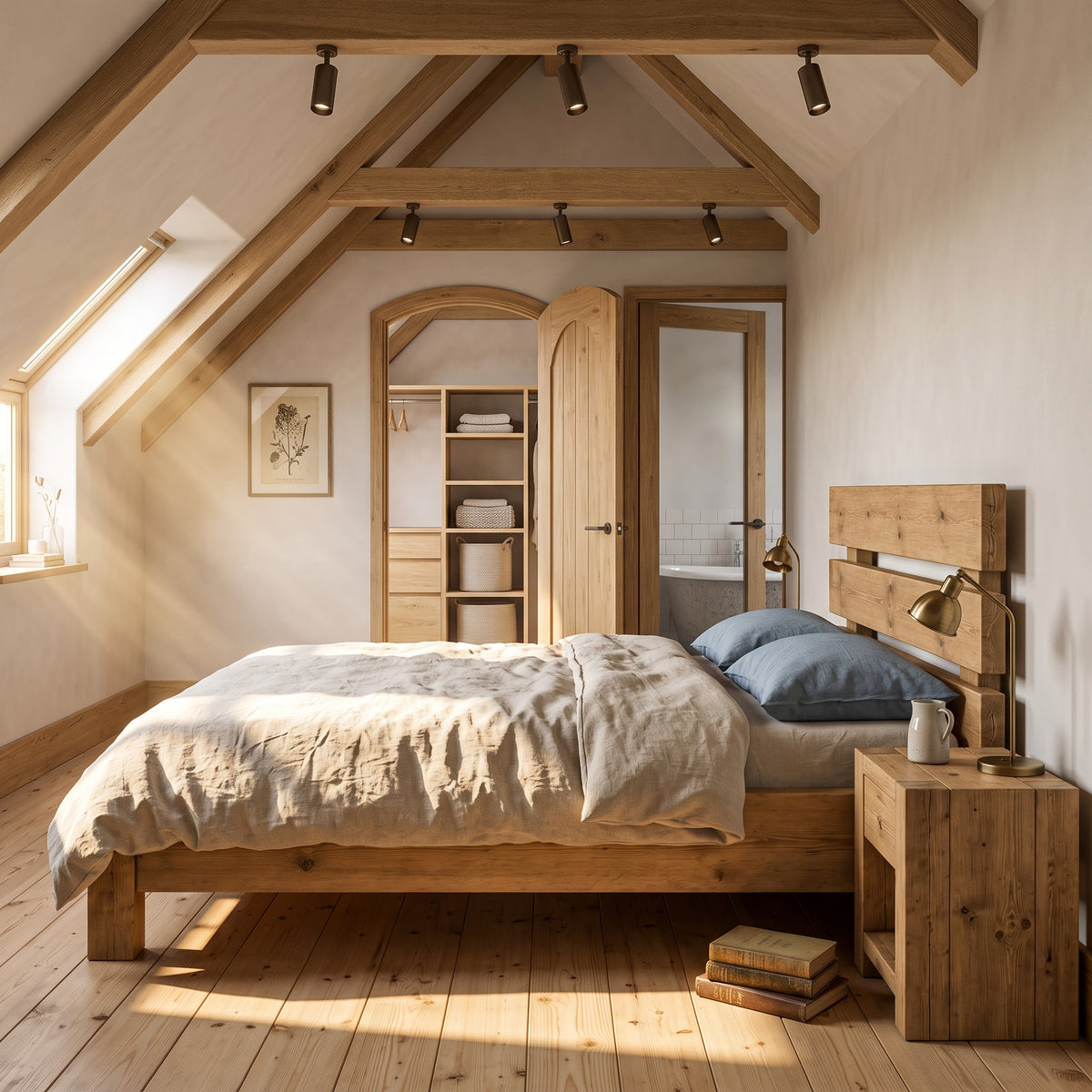 Orvix Light Oak Colour Bed Frame 30cm High  / Chunky Solid Rustic Pine Bed with Headboard