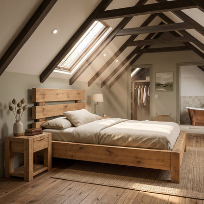 Orvix Light Oak Colour Bed Frame 30cm High  / Chunky Solid Rustic Pine Bed with Headboard