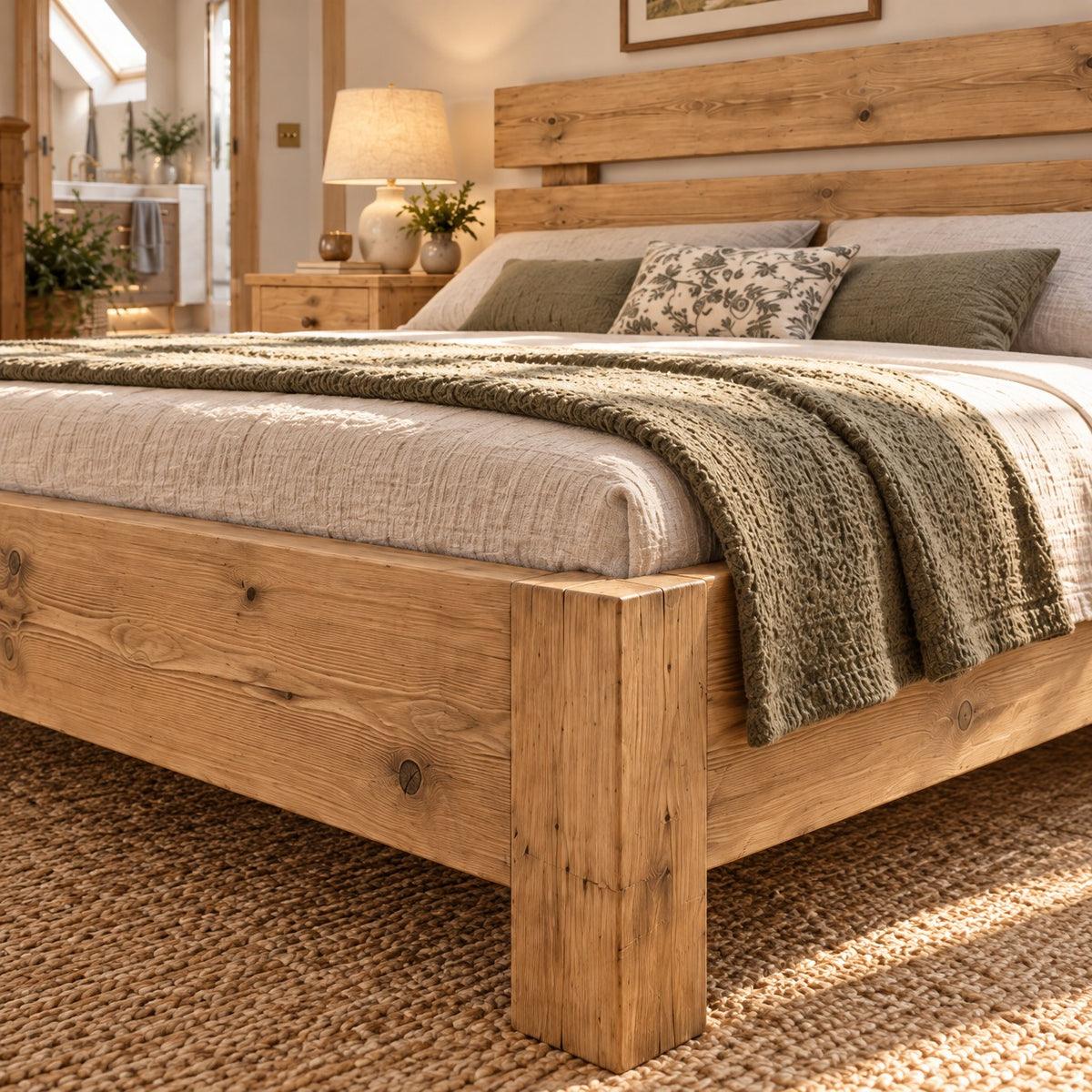 Orvix Light Oak Colour Bed Frame 30cm High  / Chunky Solid Rustic Pine Bed with Headboard