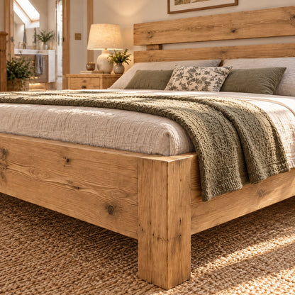 Orvix Light Oak Colour Bed Frame 30cm High  / Chunky Solid Rustic Pine Bed with Headboard