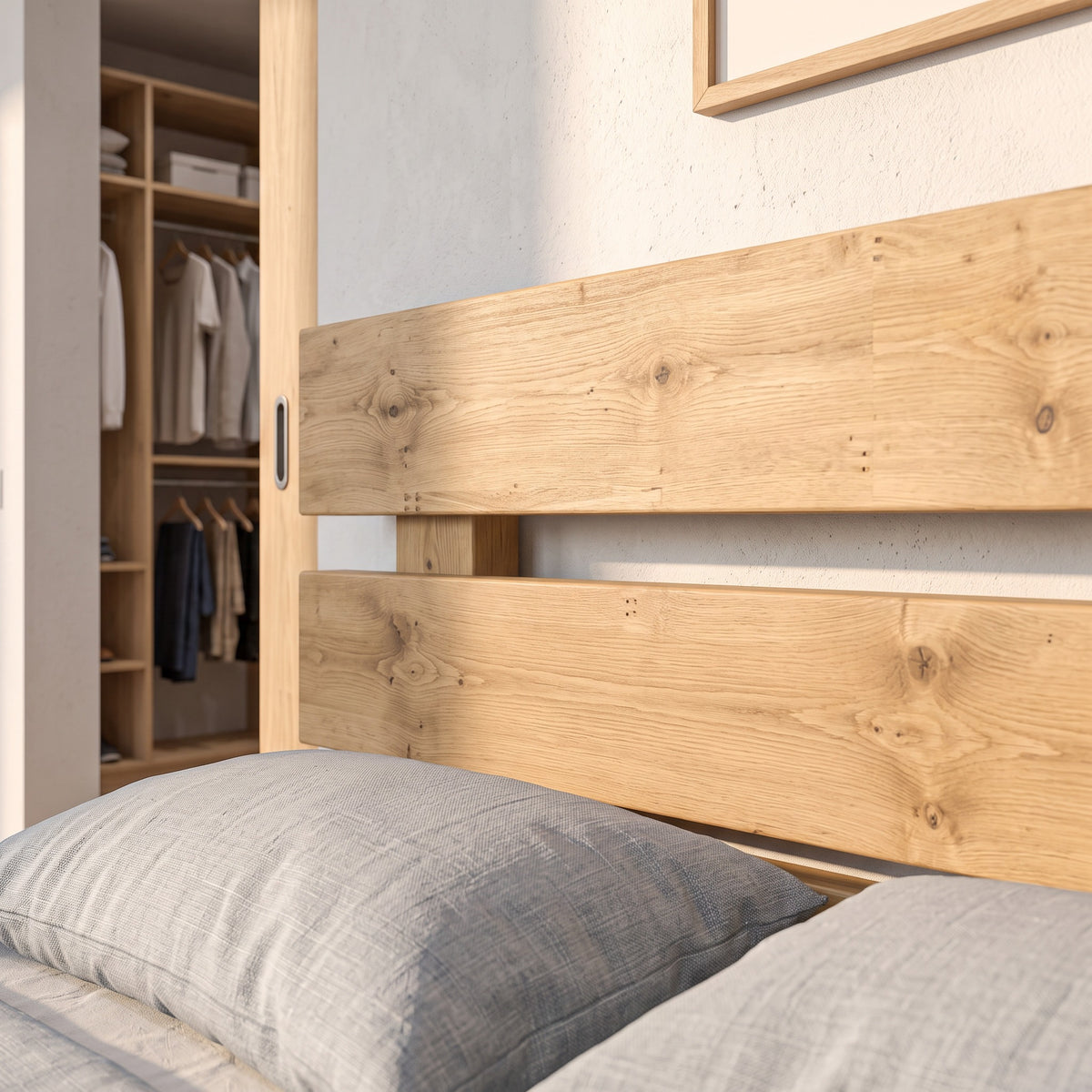 Orvix Light Oak Colour Bed Frame 30cm High  / Chunky Solid Rustic Pine Bed with Headboard