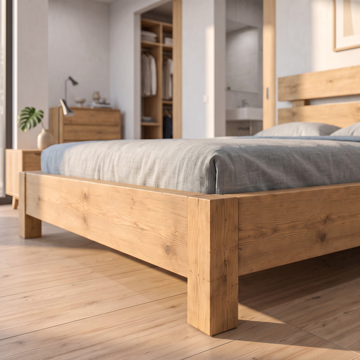 Orvix Light Oak Colour Bed Frame 30cm High  / Chunky Solid Rustic Pine Bed with Headboard