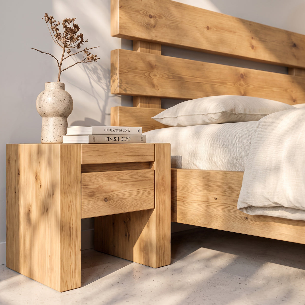 Orvix Light Oak Colour Bed Frame 30cm High  / Chunky Solid Rustic Pine Bed with Headboard