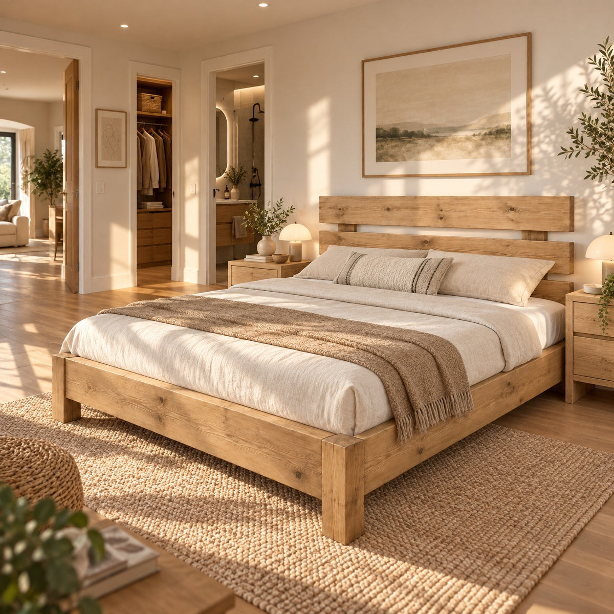 Orvix Light Oak Colour Bed Frame 30cm High  / Chunky Solid Rustic Pine Bed with Headboard