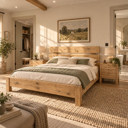 Orvix Light Oak Colour Bed Frame 30cm High  / Chunky Solid Rustic Pine Bed with Headboard