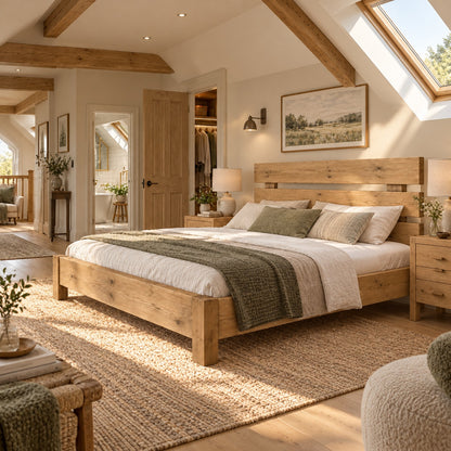 Orvix Light Oak Colour Bed Frame 30cm High  / Chunky Solid Rustic Pine Bed with Headboard
