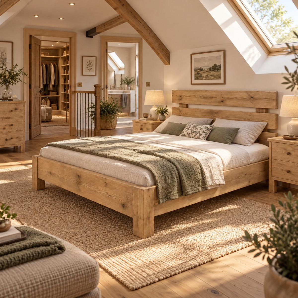 Orvix Light Oak Colour Bed Frame 30cm High  / Chunky Solid Rustic Pine Bed with Headboard