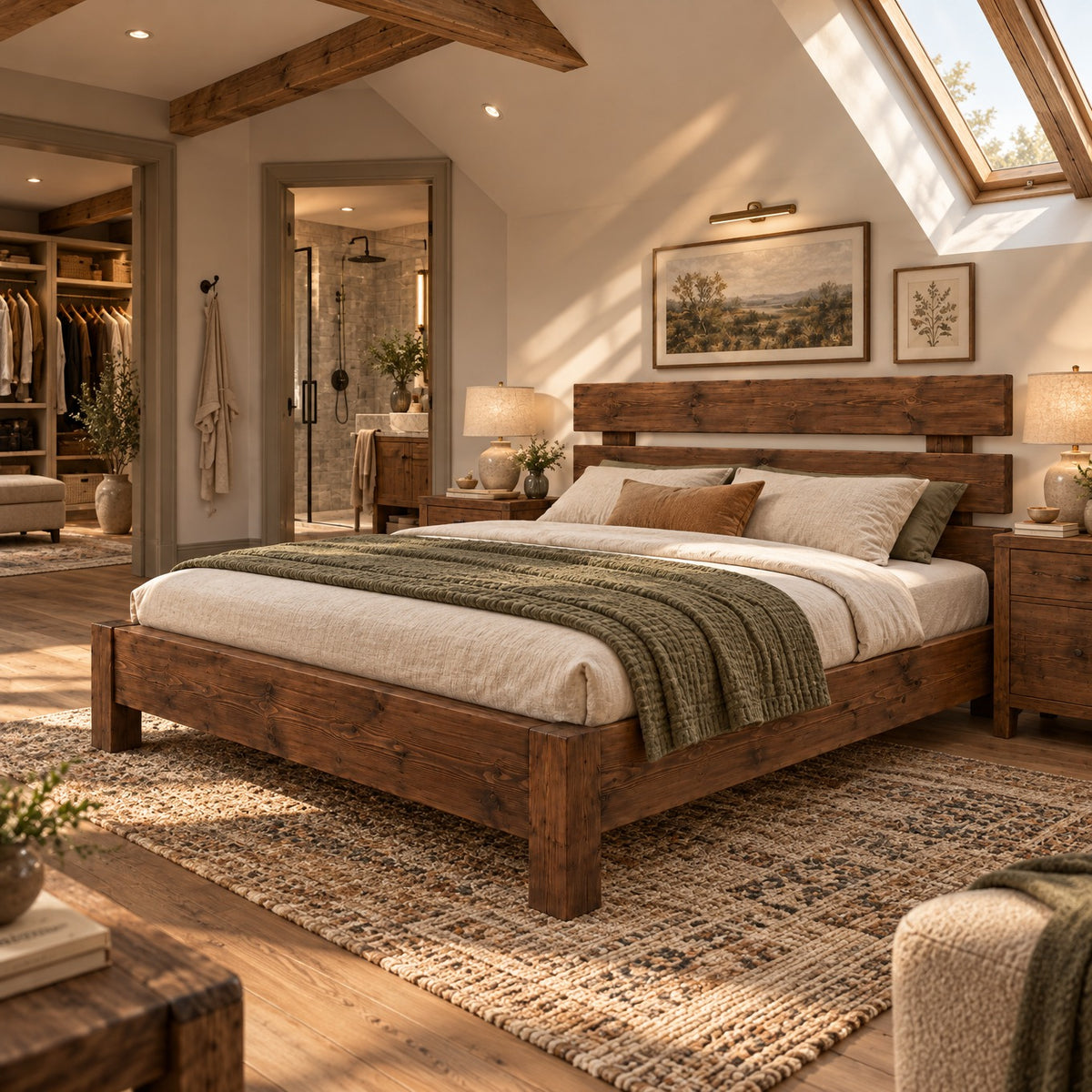 Orvix Walnut Colour Bed Frame 30cm High  / Chunky Solid Rustic Pine Bed with Headboard