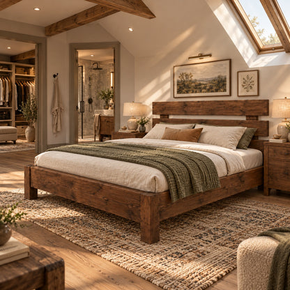 Orvix Walnut Colour Bed Frame 30cm High  / Chunky Solid Rustic Pine Bed with Headboard