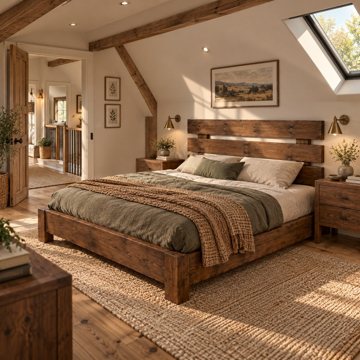 Orvix Walnut Colour Bed Frame 30cm High  / Chunky Solid Rustic Pine Bed with Headboard