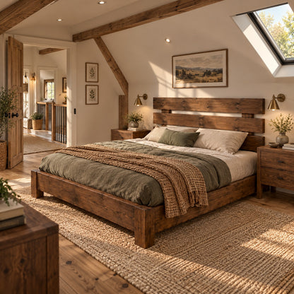 Orvix Walnut Colour Bed Frame 30cm High  / Chunky Solid Rustic Pine Bed with Headboard