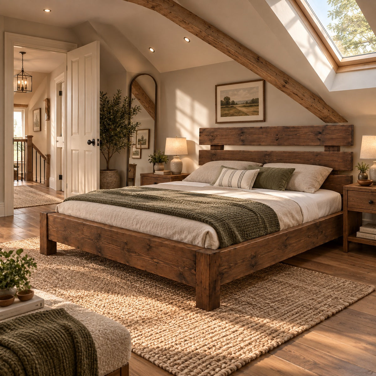Orvix Walnut Colour Bed Frame 30cm High  / Chunky Solid Rustic Pine Bed with Headboard