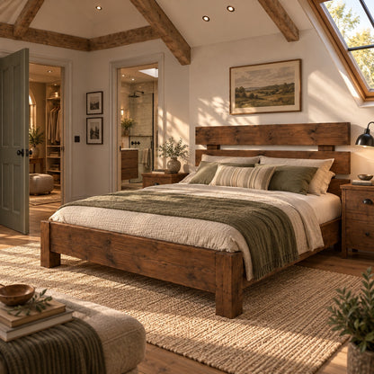 Orvix Walnut Colour Bed Frame 30cm High  / Chunky Solid Rustic Pine Bed with Headboard