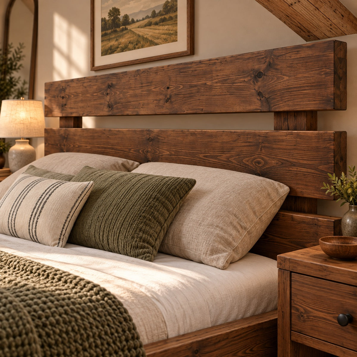 Orvix Walnut Colour Bed Frame 30cm High  / Chunky Solid Rustic Pine Bed with Headboard