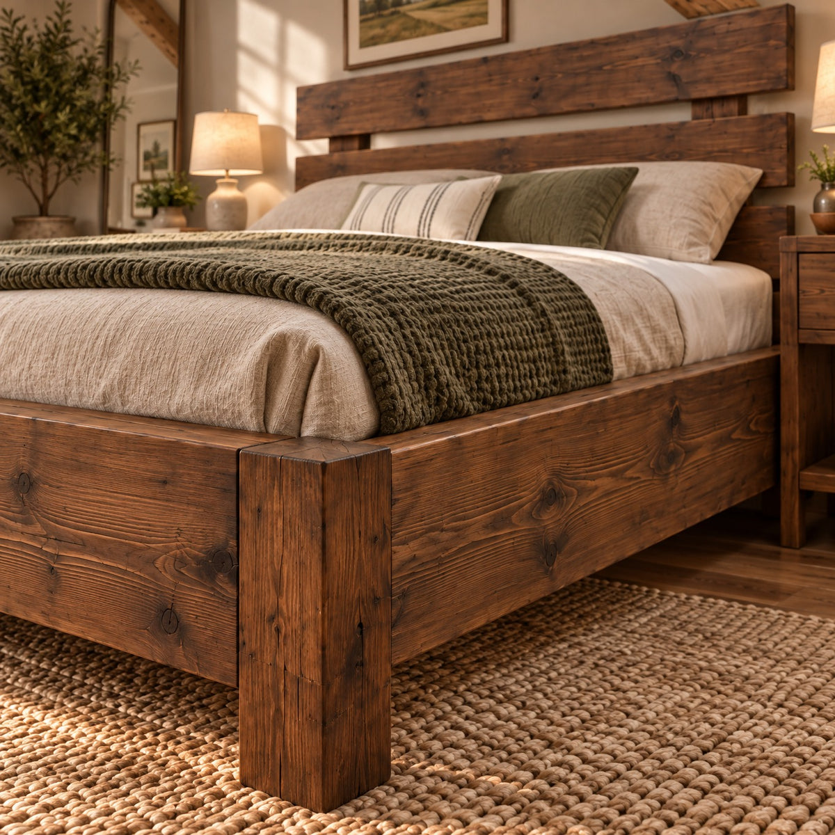 Orvix Walnut Colour Bed Frame 30cm High  / Chunky Solid Rustic Pine Bed with Headboard