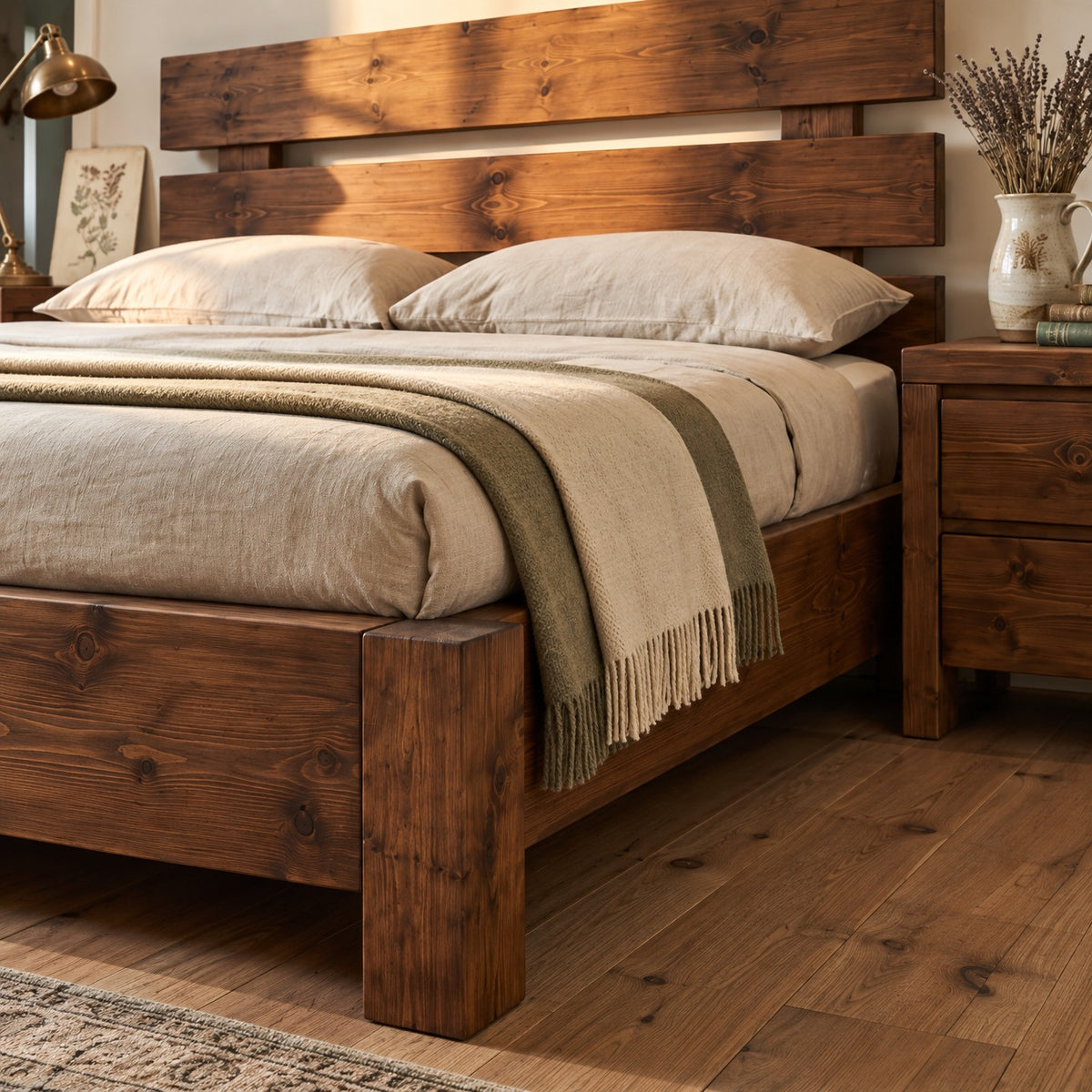 Orvix Walnut Colour Bed Frame 30cm High  / Chunky Solid Rustic Pine Bed with Headboard