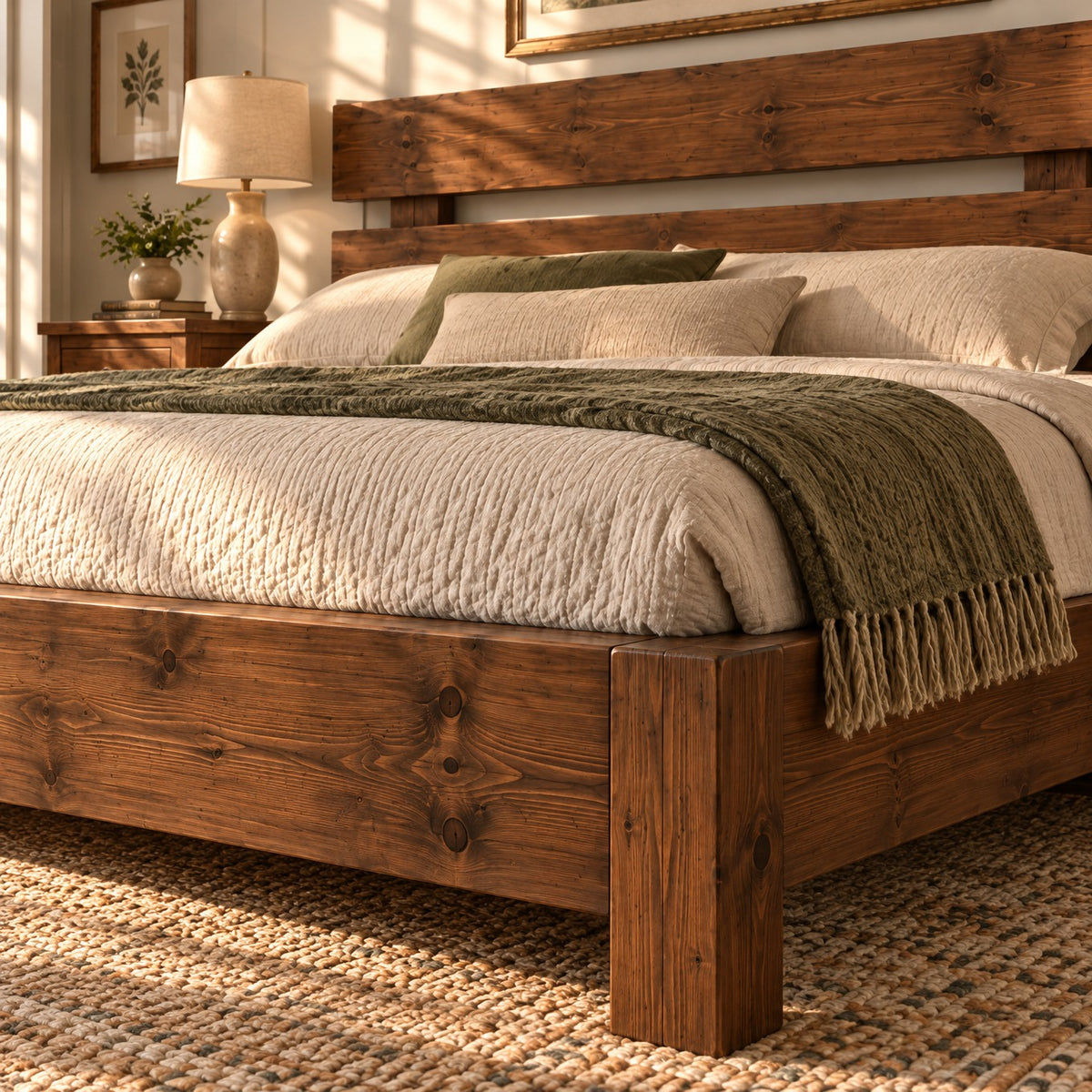 Orvix Walnut Colour Bed Frame 30cm High  / Chunky Solid Rustic Pine Bed with Headboard