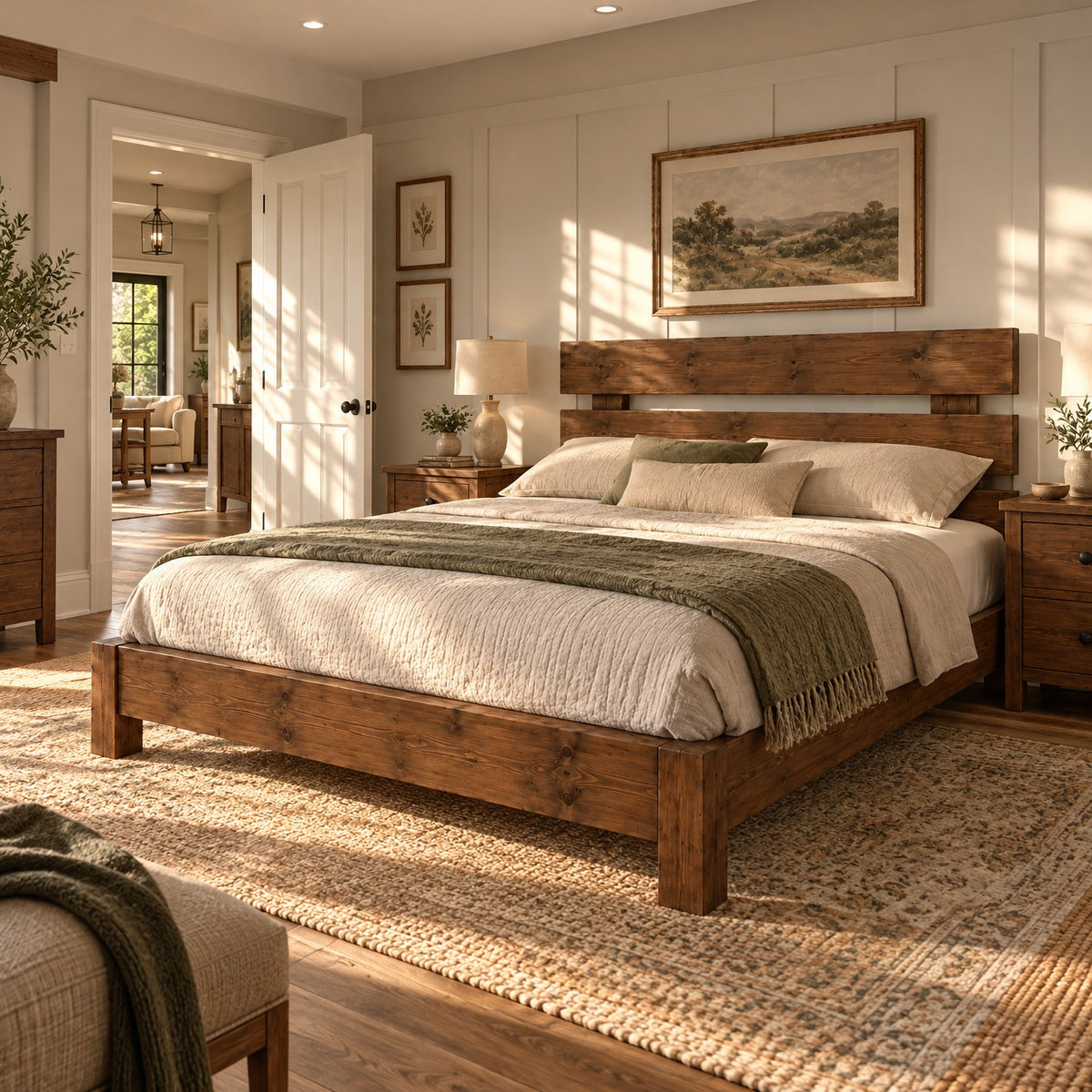 Orvix Walnut Colour Bed Frame 30cm High  / Chunky Solid Rustic Pine Bed with Headboard