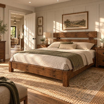 Orvix Walnut Colour Bed Frame 30cm High  / Chunky Solid Rustic Pine Bed with Headboard