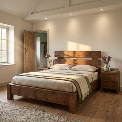 Orvix Walnut Colour Bed Frame 30cm High  / Chunky Solid Rustic Pine Bed with Headboard