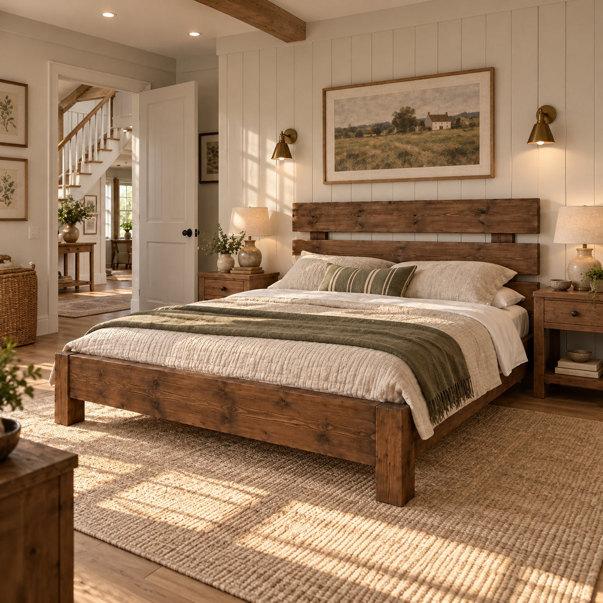 Orvix Walnut Colour Bed Frame 30cm High  / Chunky Solid Rustic Pine Bed with Headboard