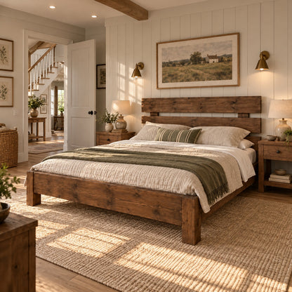 Orvix Walnut Colour Bed Frame 30cm High  / Chunky Solid Rustic Pine Bed with Headboard