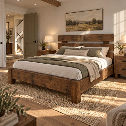 Orvix Walnut Colour Bed Frame 30cm High  / Chunky Solid Rustic Pine Bed with Headboard