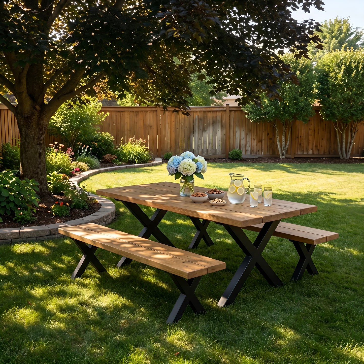 Outdoor Farmhouse Dining Table With Bench and Black Metal Cross Legs