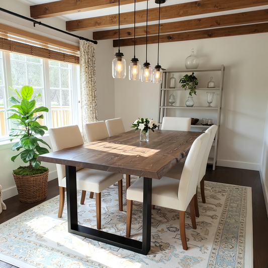 Live / Waney Walnut Colour Edge Dining Table With Metal Legs