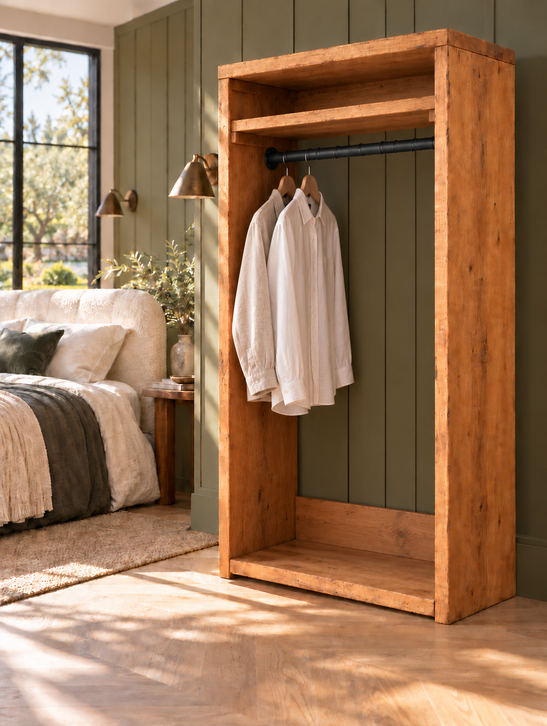 PADDINGTON Solid Wood Wardrobe With Bottom Shelf – Open Wardrobe, Rustic Scandinavian Design