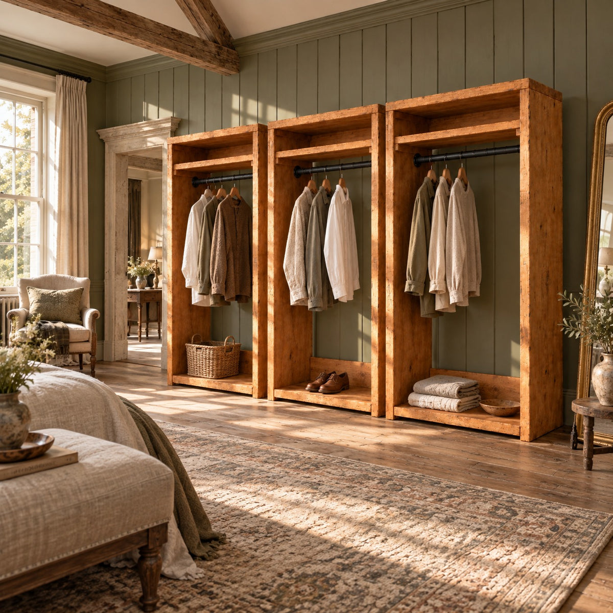 PADDINGTON Solid Wood Wardrobe With Bottom Shelf – Open Wardrobe, Rustic Scandinavian Design