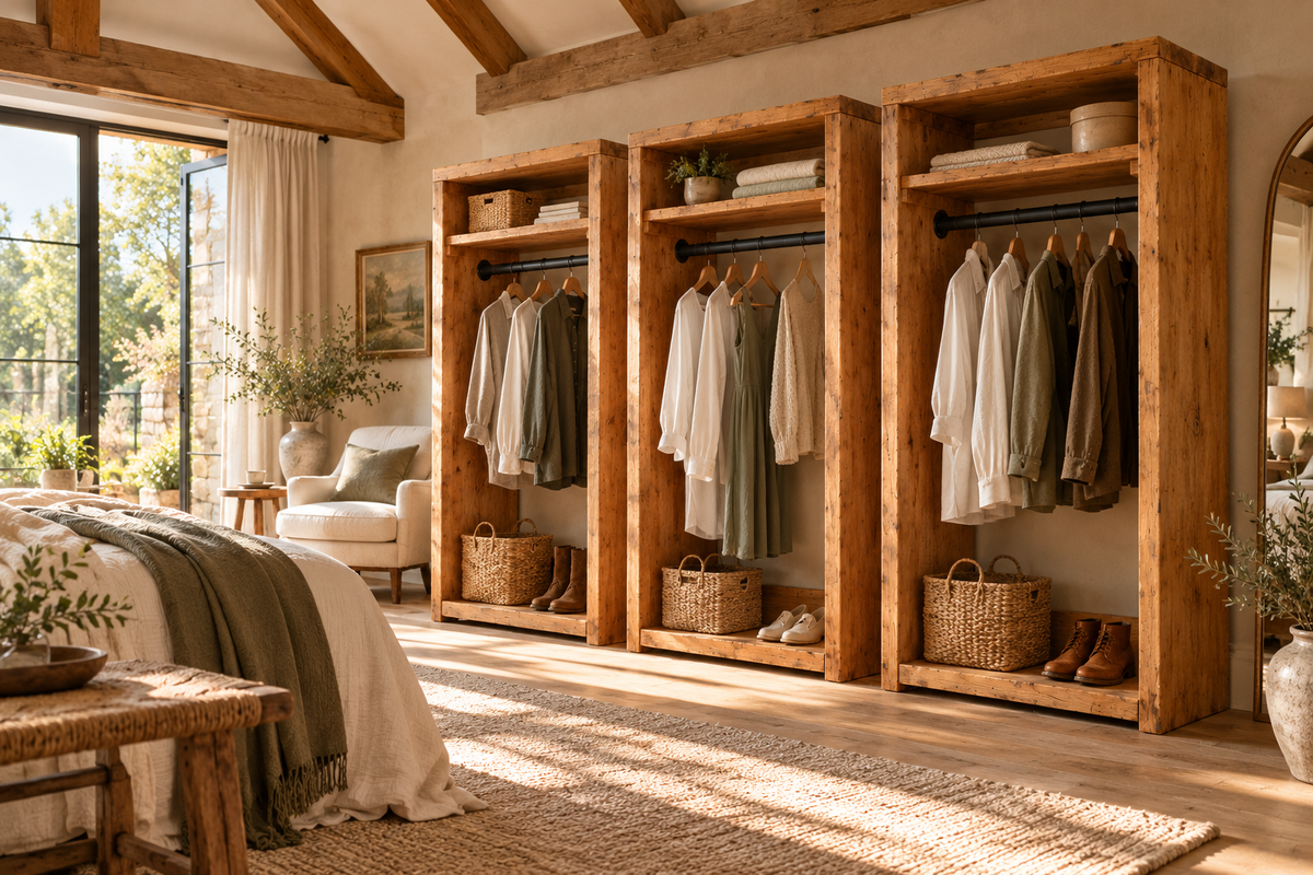 PADDINGTON Solid Wood Wardrobe With Bottom Shelf – Open Wardrobe, Rustic Scandinavian Design