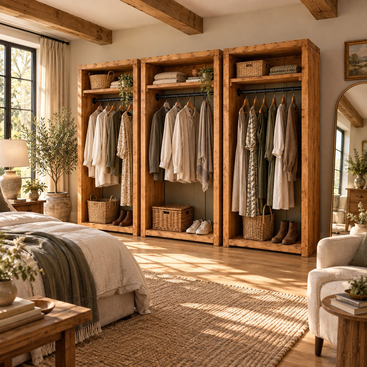PADDINGTON Solid Wood Wardrobe With Bottom Shelf – Open Wardrobe, Rustic Scandinavian Design