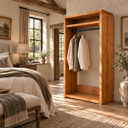 PADDINGTON Solid Wood Wardrobe With Bottom Shelf – Open Wardrobe, Rustic Scandinavian Design