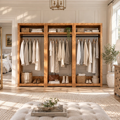 PADDINGTON Solid Wood Wardrobe With Bottom Shelf – Open Wardrobe, Rustic Scandinavian Design
