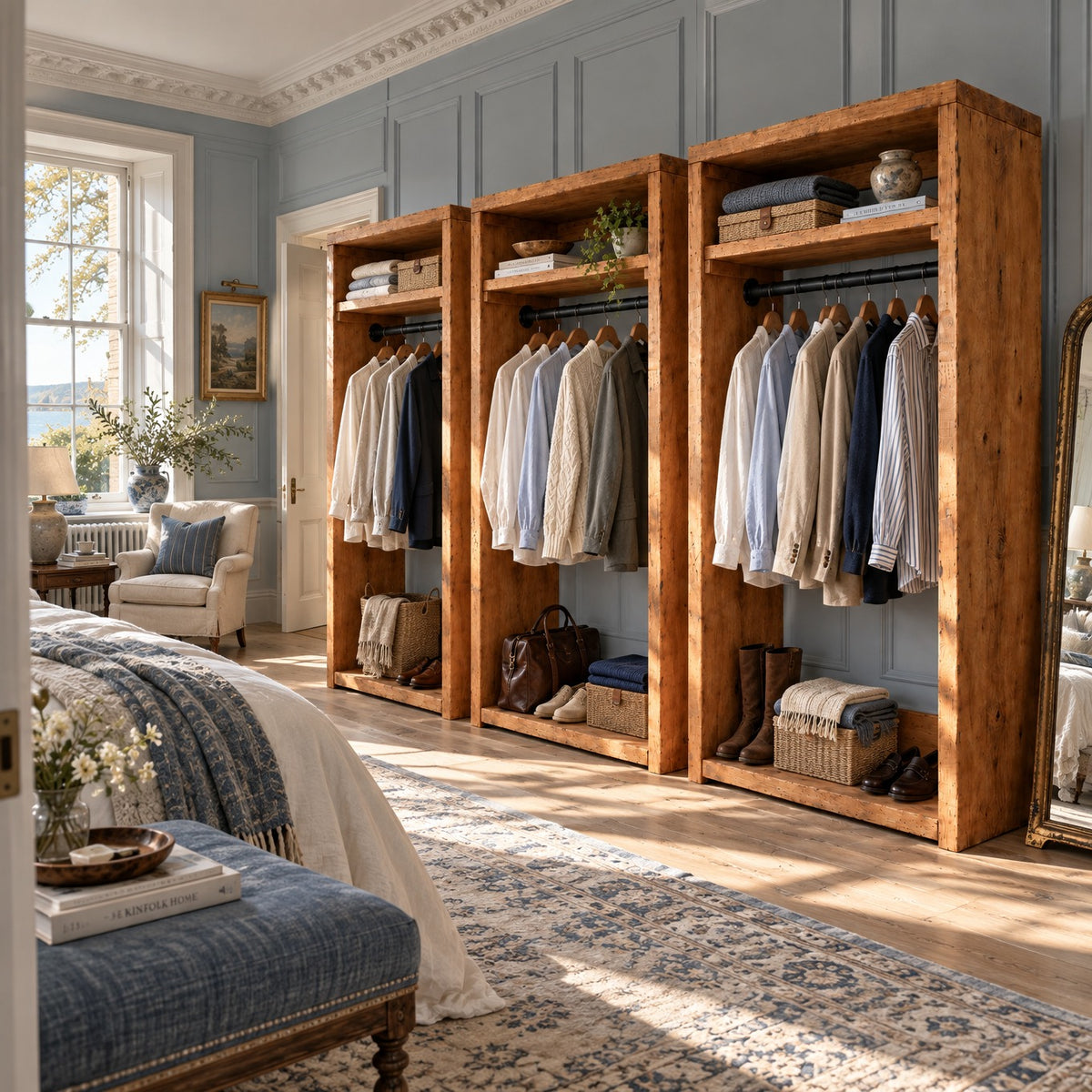 PADDINGTON Solid Wood Wardrobe With Bottom Shelf – Open Wardrobe, Rustic Scandinavian Design