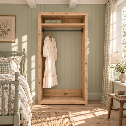 PADDINGTON Light Oak Colour Solid Wood Wardrobe With Bottom Shelf – Open Wardrobe, Rustic Scandinavian Design