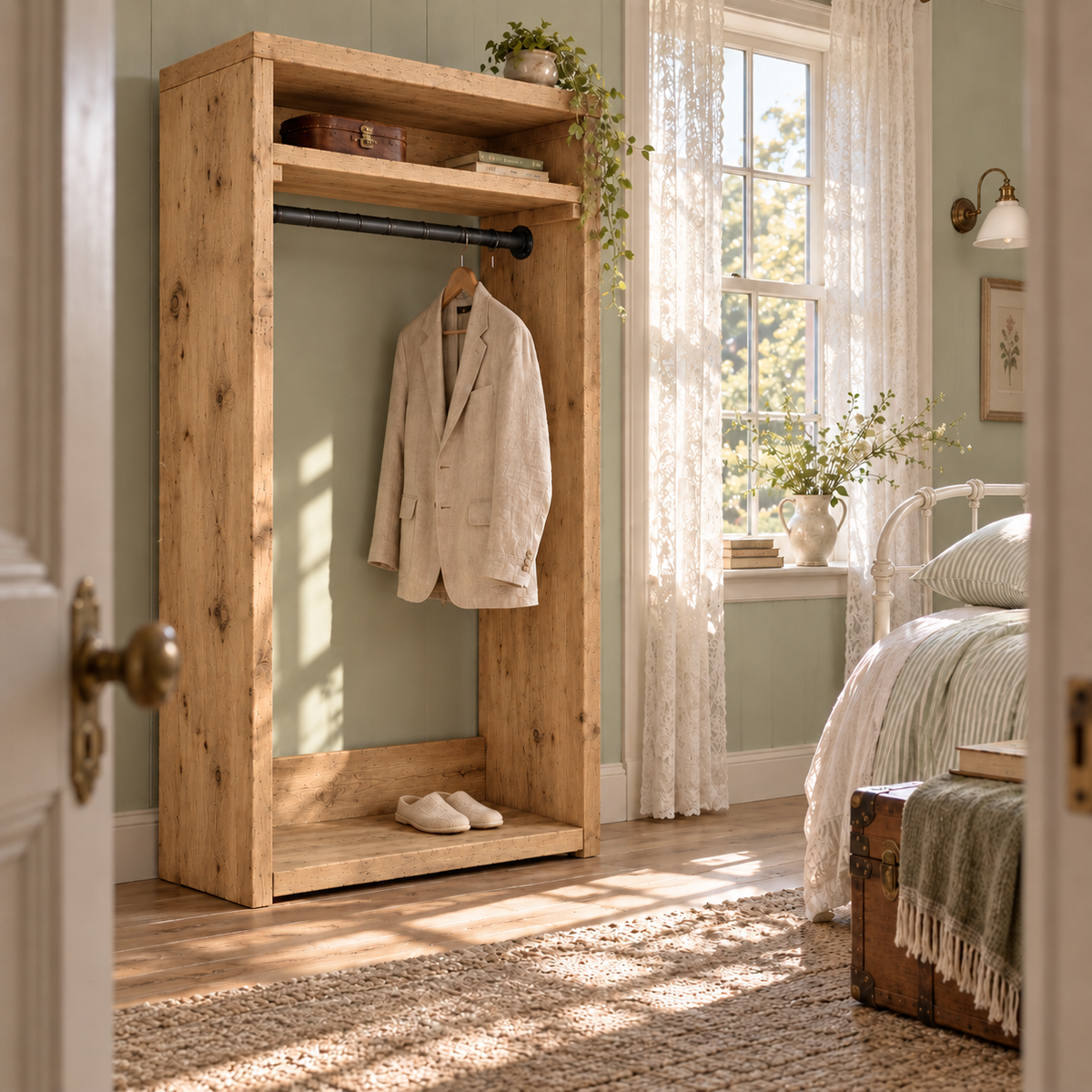 PADDINGTON Light Oak Colour Solid Wood Wardrobe With Bottom Shelf – Open Wardrobe, Rustic Scandinavian Design