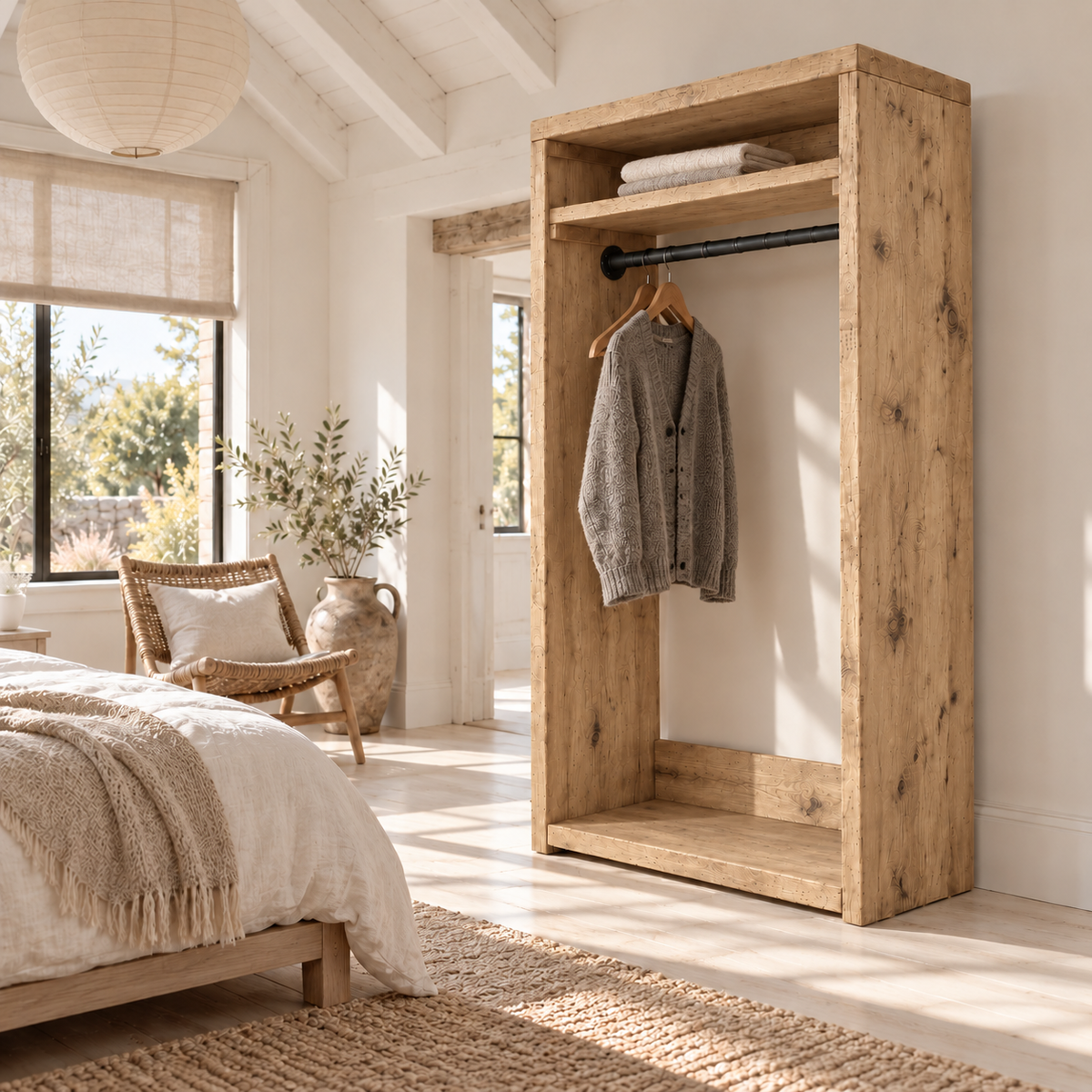 PADDINGTON Light Oak Colour Solid Wood Wardrobe With Bottom Shelf – Open Wardrobe, Rustic Scandinavian Design