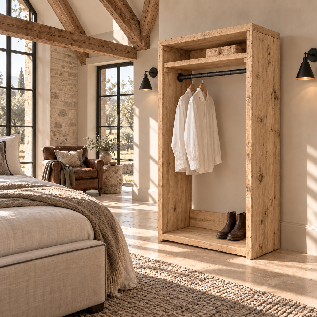 PADDINGTON Light Oak Colour Solid Wood Wardrobe With Bottom Shelf – Open Wardrobe, Rustic Scandinavian Design