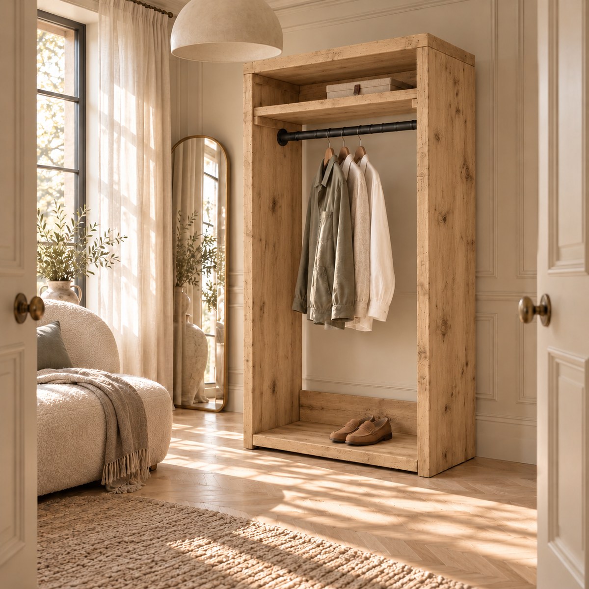 PADDINGTON Light Oak Colour Solid Wood Wardrobe With Bottom Shelf – Open Wardrobe, Rustic Scandinavian Design