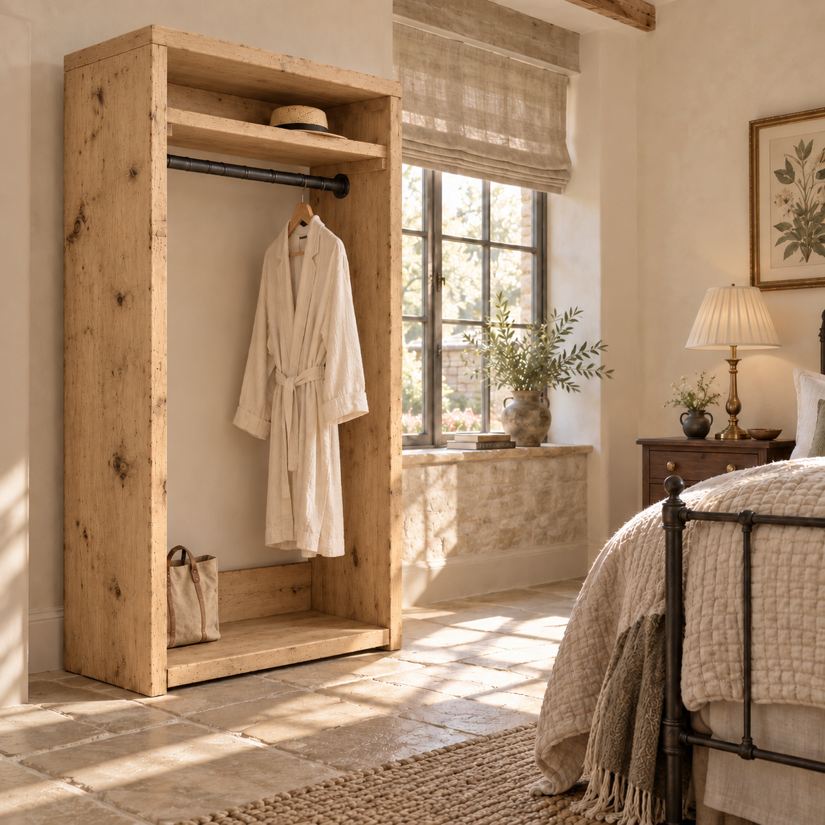 PADDINGTON Light Oak Colour Solid Wood Wardrobe With Bottom Shelf – Open Wardrobe, Rustic Scandinavian Design