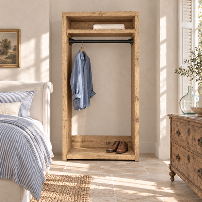 PADDINGTON Light Oak Colour Solid Wood Wardrobe With Bottom Shelf – Open Wardrobe, Rustic Scandinavian Design