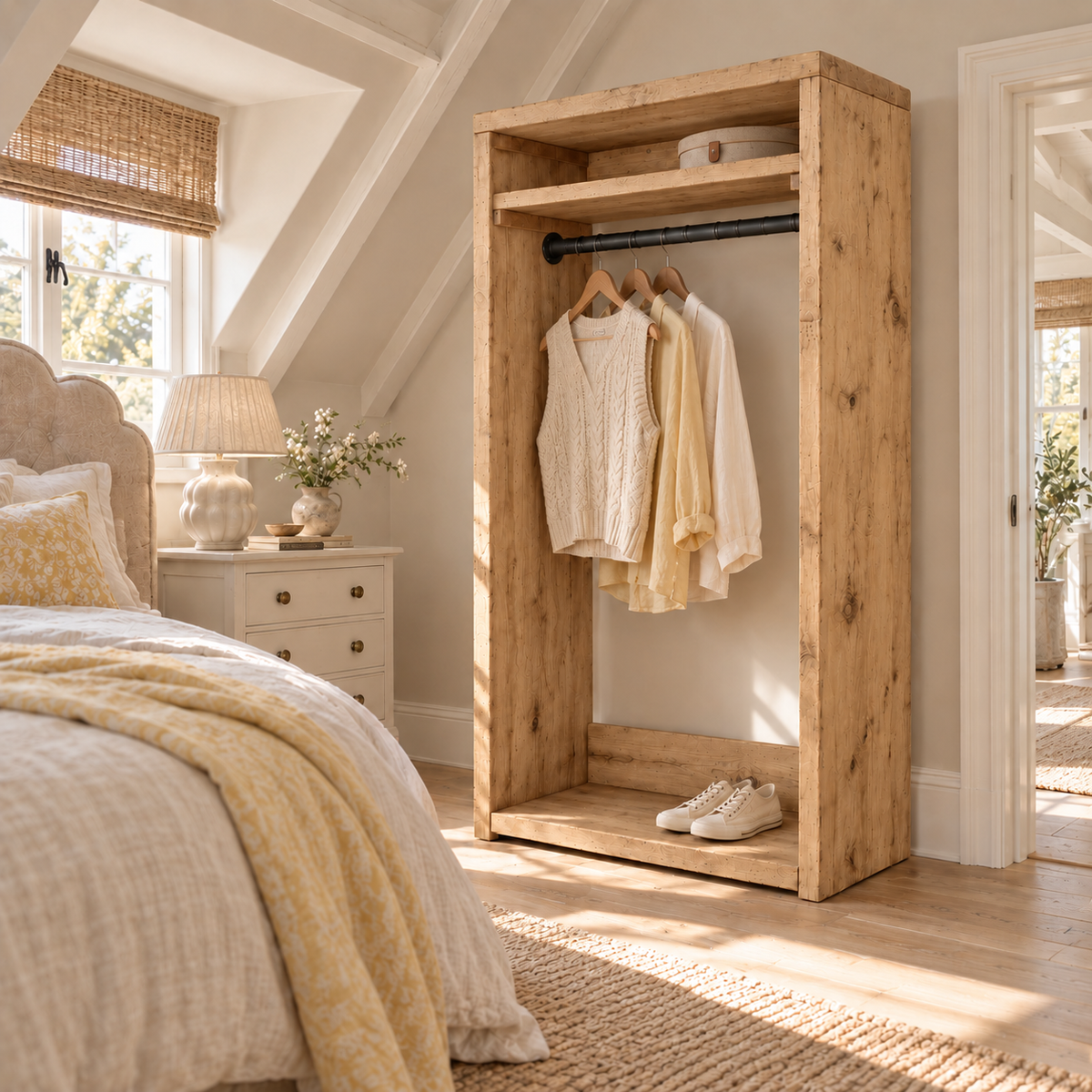 PADDINGTON Light Oak Colour Solid Wood Wardrobe With Bottom Shelf – Open Wardrobe, Rustic Scandinavian Design