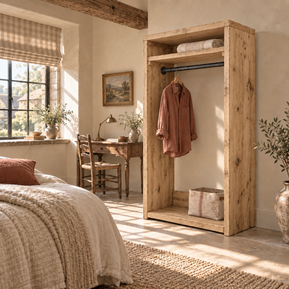 PADDINGTON Light Oak Colour Solid Wood Wardrobe With Bottom Shelf – Open Wardrobe, Rustic Scandinavian Design