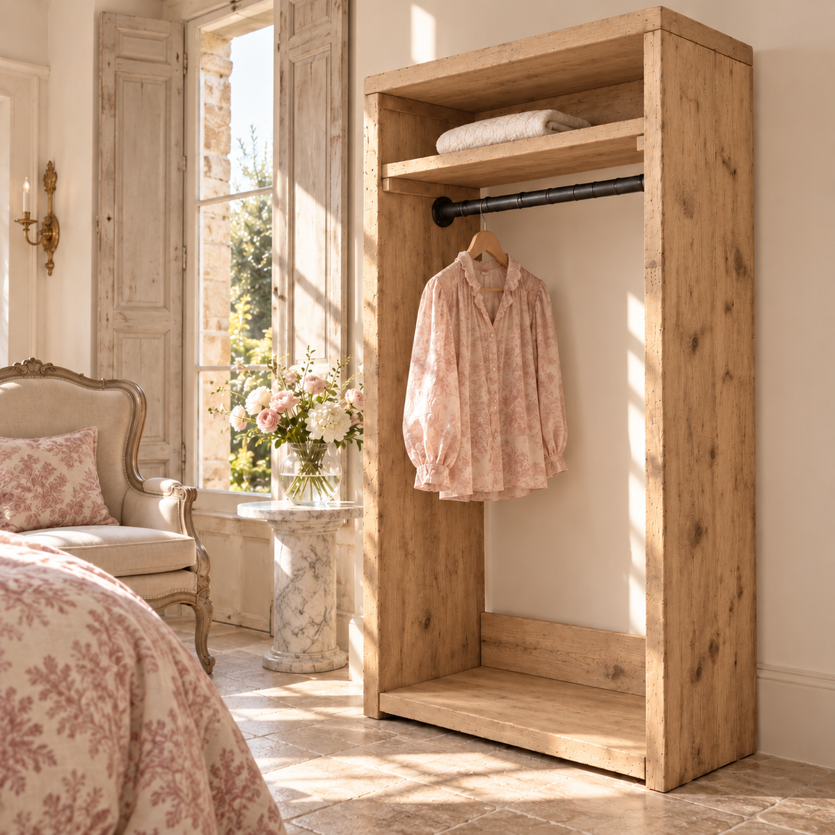 PADDINGTON Light Oak Colour Solid Wood Wardrobe With Bottom Shelf – Open Wardrobe, Rustic Scandinavian Design