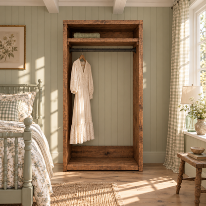 PADDINGTON Walnut Colour Solid Wood Wardrobe With Bottom Shelf – Open Wardrobe, Rustic Scandinavian Design