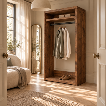PADDINGTON Walnut Colour Solid Wood Wardrobe With Bottom Shelf – Open Wardrobe, Rustic Scandinavian Design