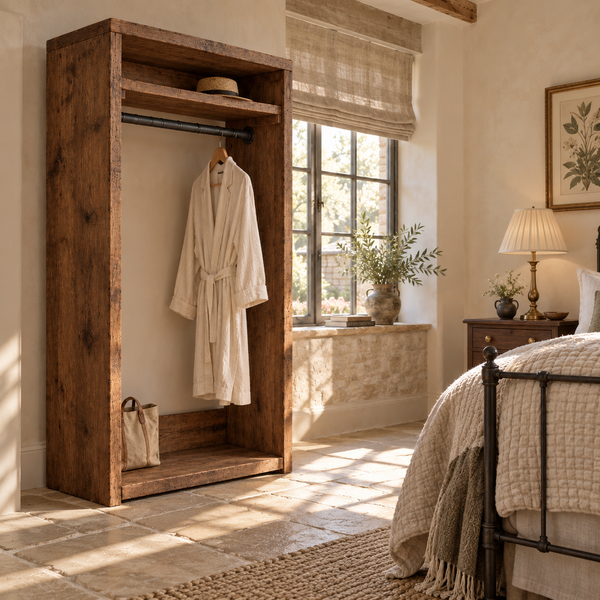 PADDINGTON Walnut Colour Solid Wood Wardrobe With Bottom Shelf – Open Wardrobe, Rustic Scandinavian Design